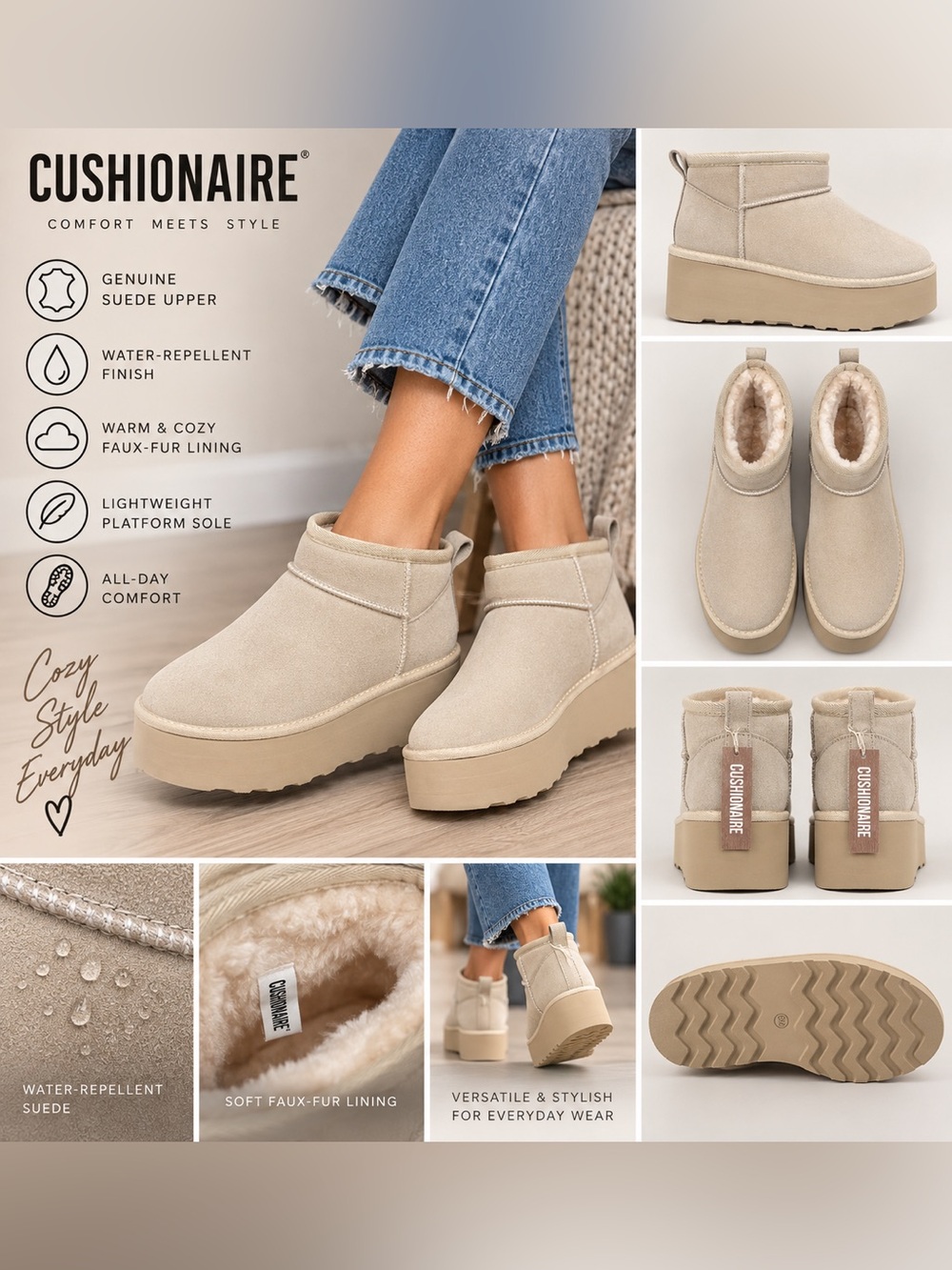 Cushionaire Genuine Suede Platform Mini Boots Beige Size 8 NWT